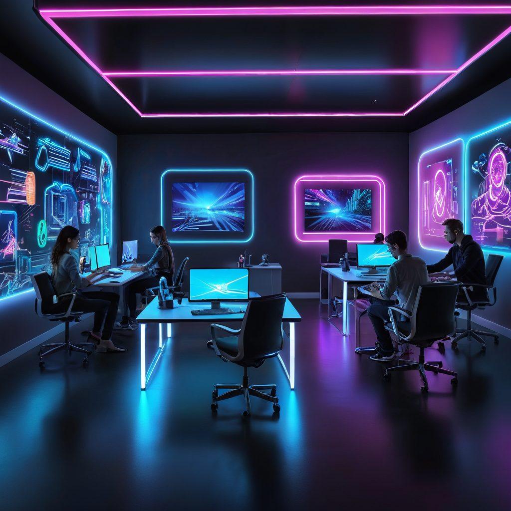 A futuristic workspace featuring sleek, interconnected digital devices, with a vibrant palette of neon colors. Display seamless integrations of virtual and augmented reality elements, showing individuals collaborating on innovative projects. Highlight tools like smart screens, robots, and AI interfaces creating a dynamic atmosphere of digital transformation. The setting should convey a sense of efficiency and creativity, with glowing lines connecting the tools. super-realistic. vibrant colors. 3D.