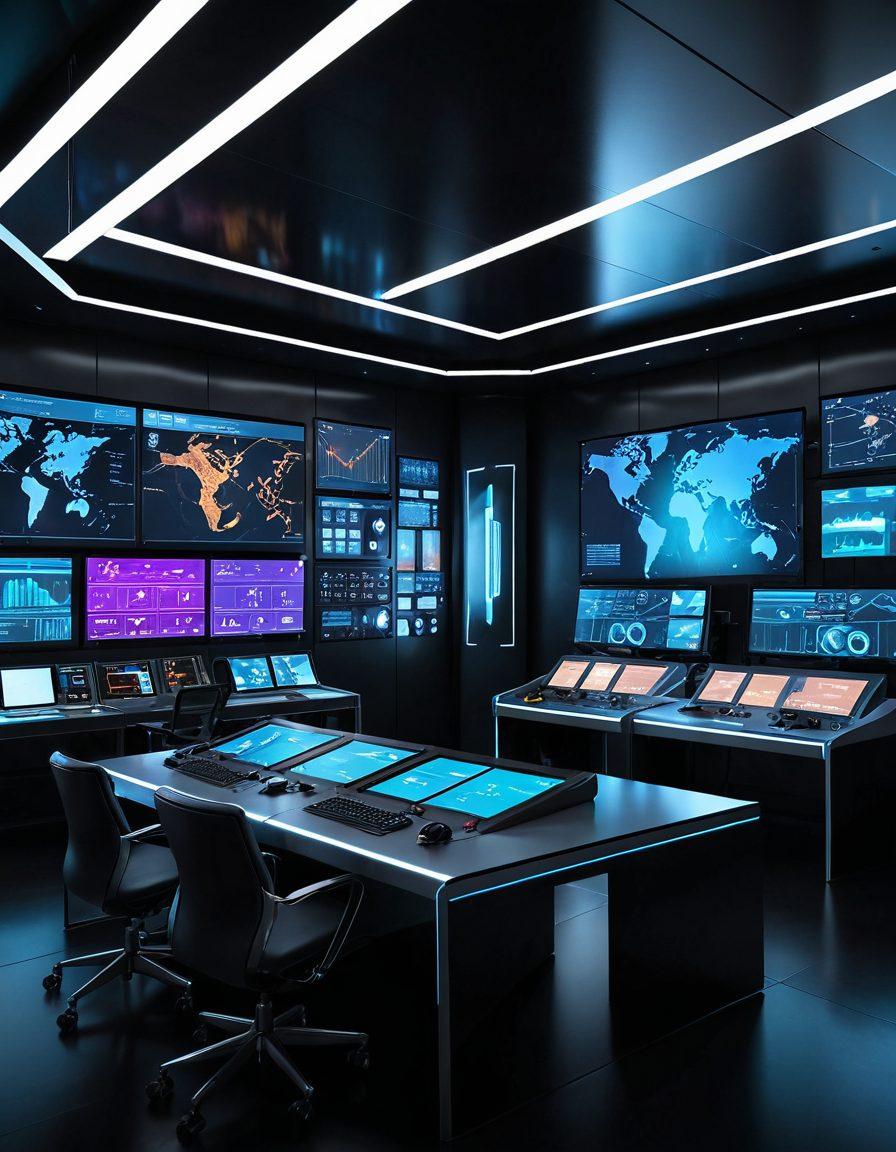 A futuristic control room filled with advanced technology, showcasing holographic displays of data analytics and system optimization tools. Engineers are collaborating around a central interface, analyzing performance metrics with digital graphs and vibrant visualizations. The environment should convey high-tech innovation, with sleek lines and glowing accents. super-realistic. vibrant colors. 3D.