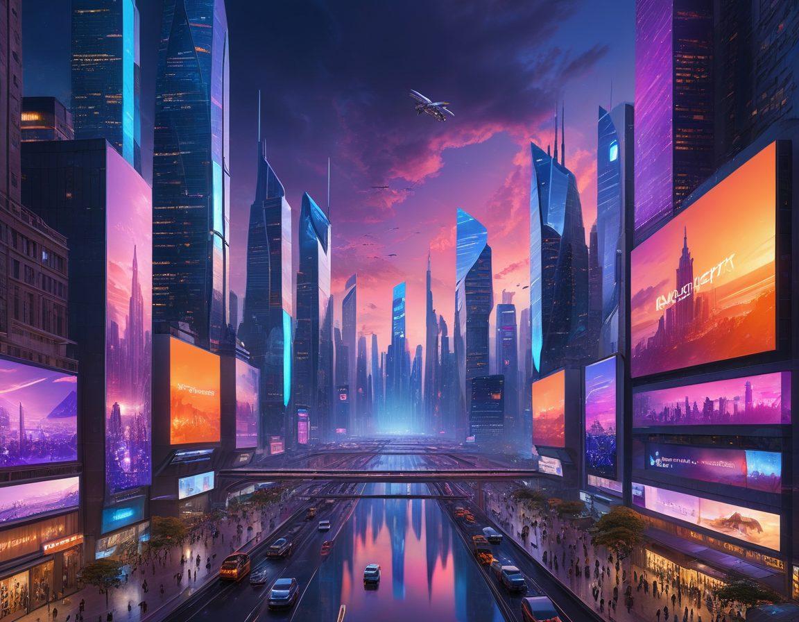 A futuristic cityscape featuring smart technology integrated into daily life, showcasing digital transformation with glowing data streams flowing through buildings. Include people interacting with AI devices, drones delivering packages, and holographic displays. The sky is bright with vibrant colors of dusk, emphasizing innovation and connectivity. super-realistic. vibrant colors. cyberpunk.